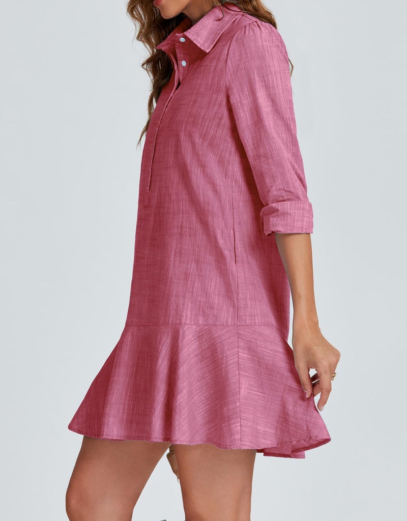 LifeShe Women's Tunic Mini Shirt Dress Cotton Long Sleeve Ruffle Hem Dress Button Up Shift Chambray Dresses - Image 3