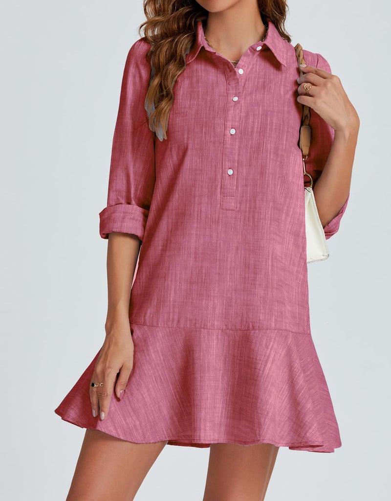 LifeShe Women's Tunic Mini Shirt Dress Cotton Long Sleeve Ruffle Hem Dress Button Up Shift Chambray Dresses - Image 2
