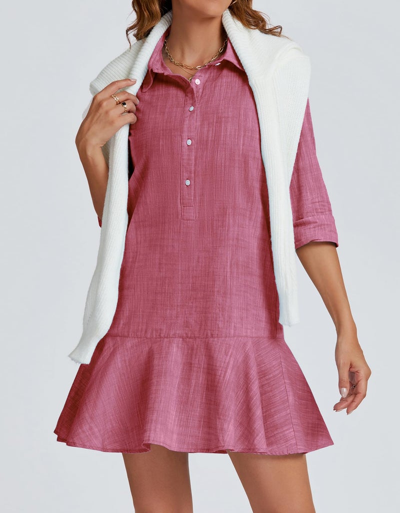 LifeShe Women's Tunic Mini Shirt Dress Cotton Long Sleeve Ruffle Hem Dress Button Up Shift Chambray Dresses - Image 4