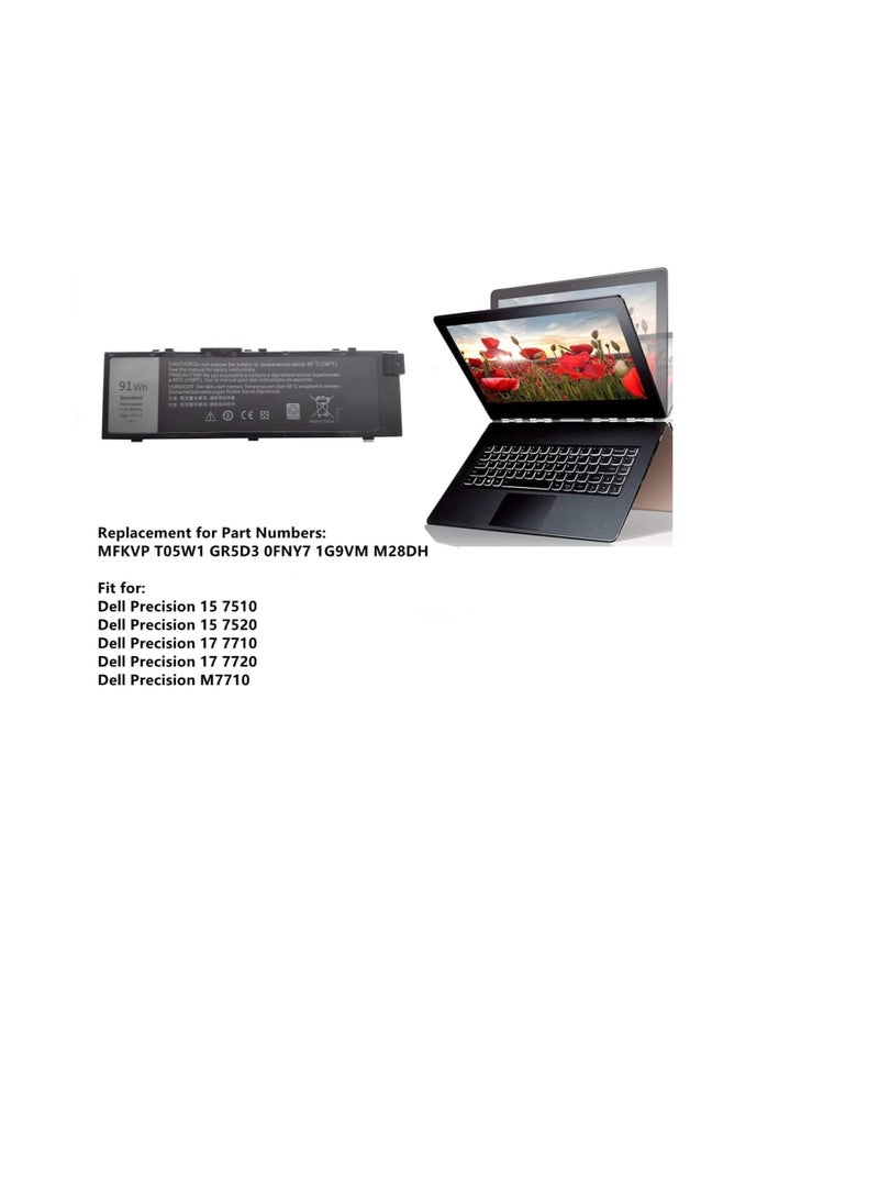 بطارية كمبيوتر محمول MFKVP متوافقة مع سلسلة Dell Precision 15 7510 7520 M7510 17 7710 7720 M7710 T05W1 GR5D3 0FNY7 1G9VM M28DH 451-BBSF 451-BBSE 91Wh 11.4V - Image 3