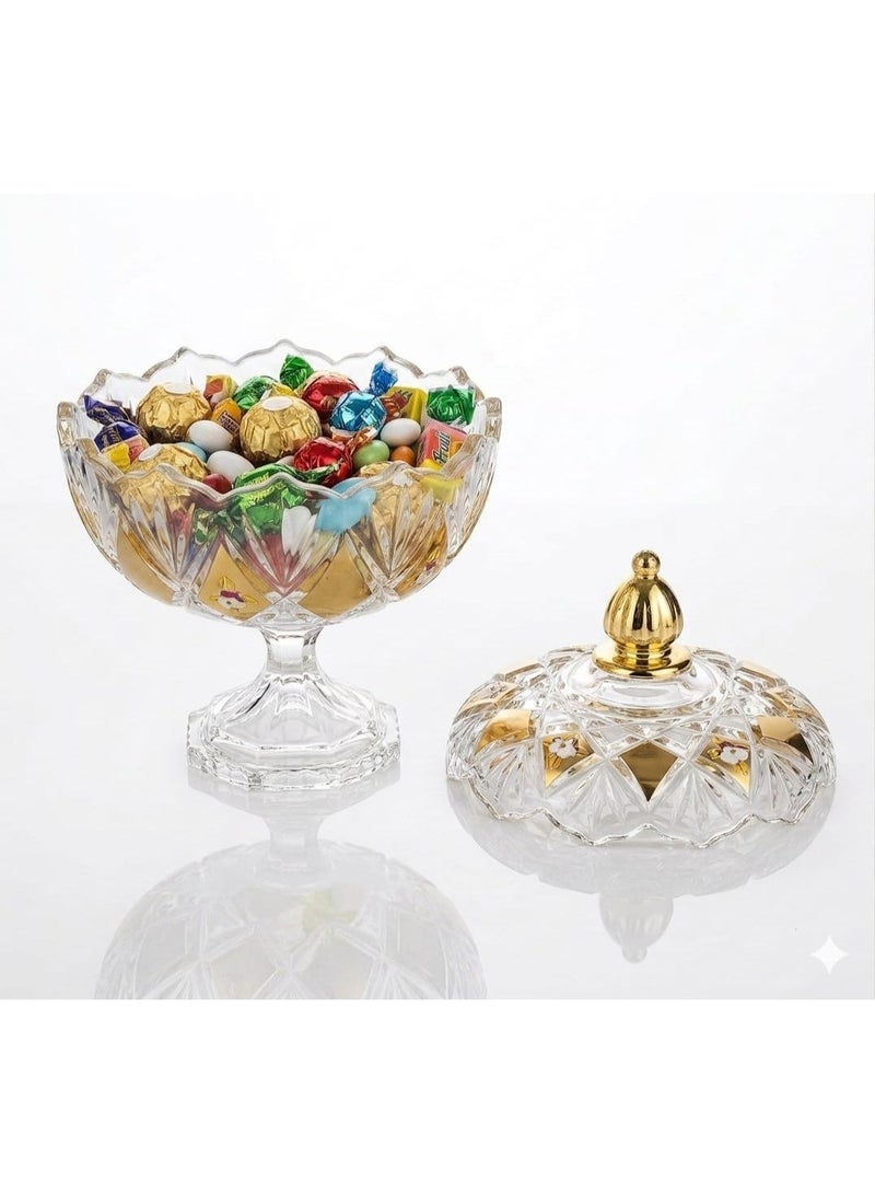 Luxury glass bonbonnière with lid and embossed gold patterns - a serving bowl for sweets and chocolates - Image 1