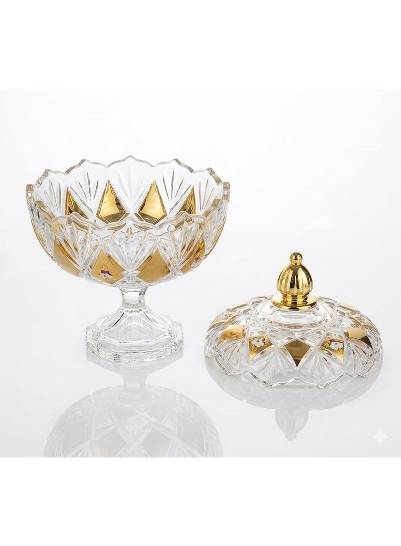 Luxury glass bonbonnière with lid and embossed gold patterns - a serving bowl for sweets and chocolates - Image 3