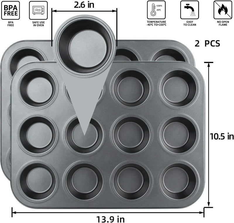 dose not apply Muffin Pan, 12 Cupcake Pan, 2 Sets of Nonstick Brownie Bakeware Muffin Tin, Cupcake Tray, Baking Pan for Kitchen Oven, Black - Image 2