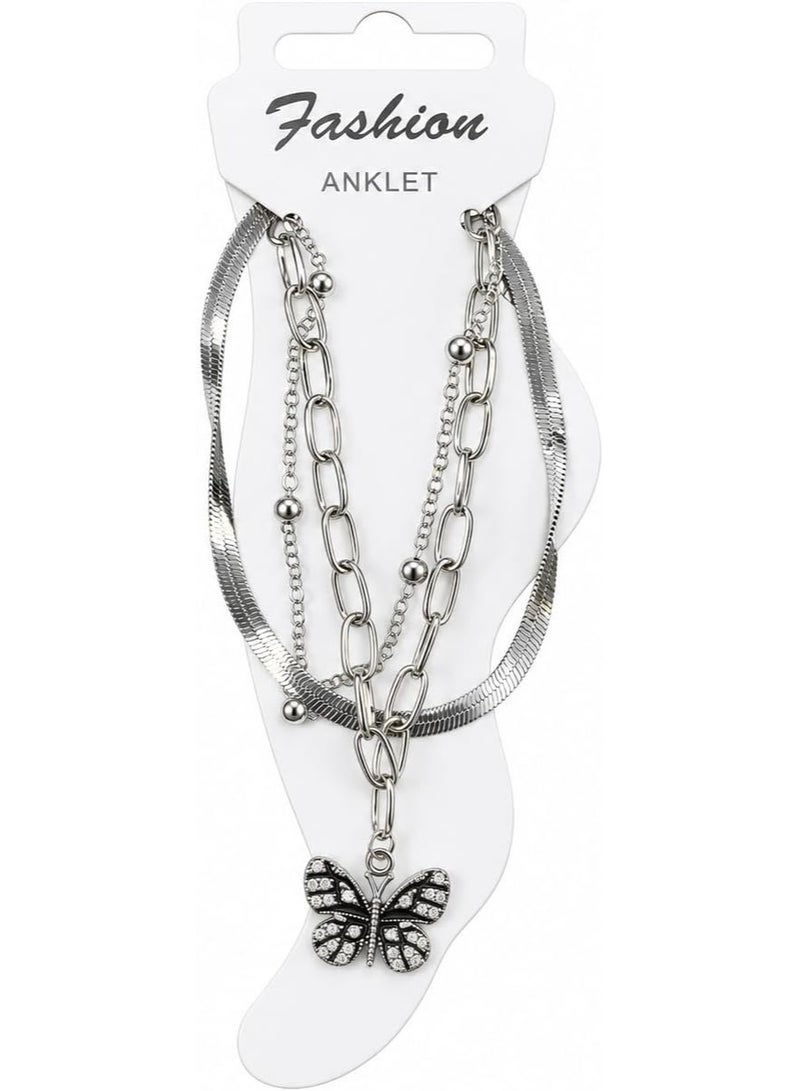 First Choice Multi-Layer Butterfly Anklet for Women, Silver Plated Layered Herringbone Beaded Chain Foot Jewelry with Sparkling Crystal Charm for Beach & Party - Image 2