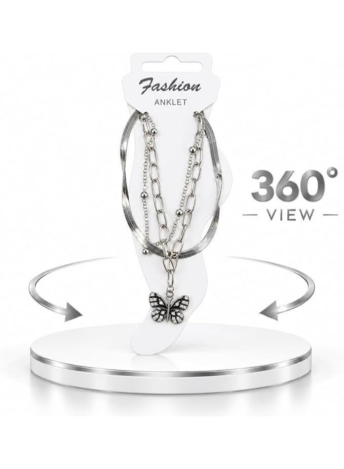 First Choice Multi-Layer Butterfly Anklet for Women, Silver Plated Layered Herringbone Beaded Chain Foot Jewelry with Sparkling Crystal Charm for Beach & Party - Image 4