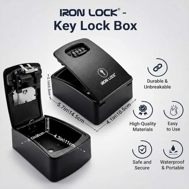 Iron Lock صندوق قفل المفاتيح XXL للتثبيت على الحائط - صندوق مفاتيح خارجي مقاوم للماء مع هيكل معدني قوي وتركيب مكون من 4 أرقام - صندوق قفل للمفاتيح خارج المنزل، للإيجارات ووكلاء العقارات (أسود، XXL) - Image 4