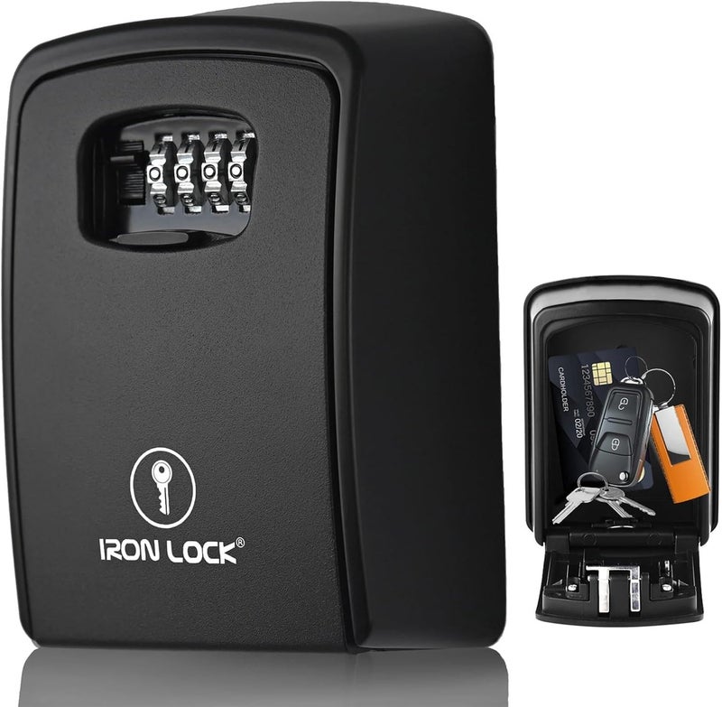 Iron Lock صندوق قفل المفاتيح XXL للتثبيت على الحائط - صندوق مفاتيح خارجي مقاوم للماء مع هيكل معدني قوي وتركيب مكون من 4 أرقام - صندوق قفل للمفاتيح خارج المنزل، للإيجارات ووكلاء العقارات (أسود، XXL) - Image 1