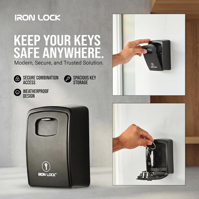 Iron Lock صندوق قفل المفاتيح XXL للتثبيت على الحائط - صندوق مفاتيح خارجي مقاوم للماء مع هيكل معدني قوي وتركيب مكون من 4 أرقام - صندوق قفل للمفاتيح خارج المنزل، للإيجارات ووكلاء العقارات (أسود، XXL) - Image 5