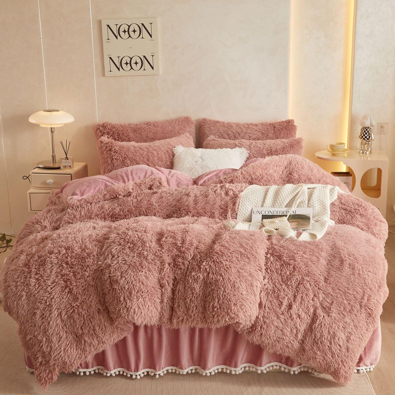 HAIHUA HAIHUA Furry Old Pink Comforter Cover Queen Set Soft Fuzzy Faux Fur Old Pink Bedding Queen Set 3 Pieces 1 Plush Duvet Cover  2 Shaggy Pillow Cases Fluffy Bed Set Zipper Closure