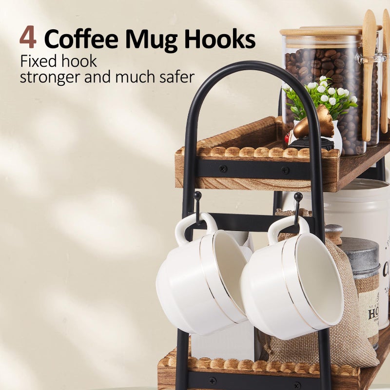 BDBDYEAY Coffee Bar Accessories, 2-Tier Coffee Bar Organizer with 4 Coffee Cup Holder Hooks, Mul-tifunctional Wooden Beaded Coffee Station Countertop Stand Shelf for Kitchen Home Office - Image 4