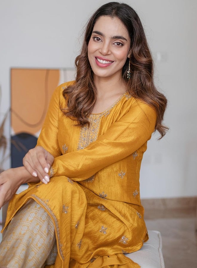 Libas كُرتا مستقيم مزين من الحرير للنساء من ليباس (23491O_أصفر) - Image 3