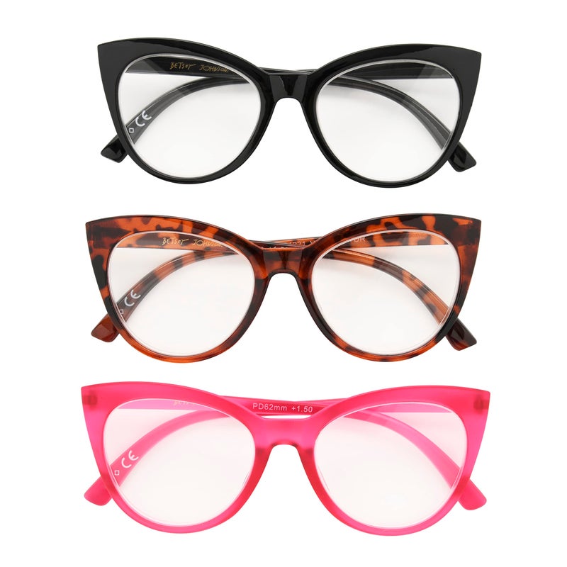 Betsey Johnson Women's Plaid Cat Eye Reading Glasses, Black, Tortoise, Magenta, 52 mm + 1.5 - Image 3