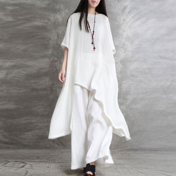New Style Solid Color Cotton and Linen Irregular Casual Loose Plus-Size Long-Sleeve Set with Wide-Leg Pants Two-Piece Set for Women