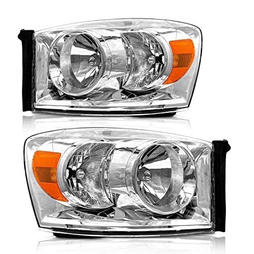 AXLAHA for 2006-2009 Dodge Ram Headlights Assembly for 2006-2008 Dodge Ram 1500, 2006-2009 Dodge Ram 2500/3500 Chrome Housing Amber Reflector Replacement Driver and Passenger Side - Image 1