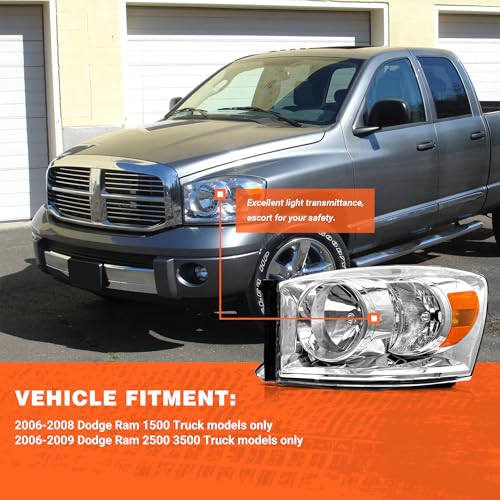 AXLAHA for 2006-2009 Dodge Ram Headlights Assembly for 2006-2008 Dodge Ram 1500, 2006-2009 Dodge Ram 2500/3500 Chrome Housing Amber Reflector Replacement Driver and Passenger Side - Image 3