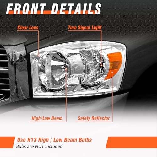 AXLAHA for 2006-2009 Dodge Ram Headlights Assembly for 2006-2008 Dodge Ram 1500, 2006-2009 Dodge Ram 2500/3500 Chrome Housing Amber Reflector Replacement Driver and Passenger Side - Image 4