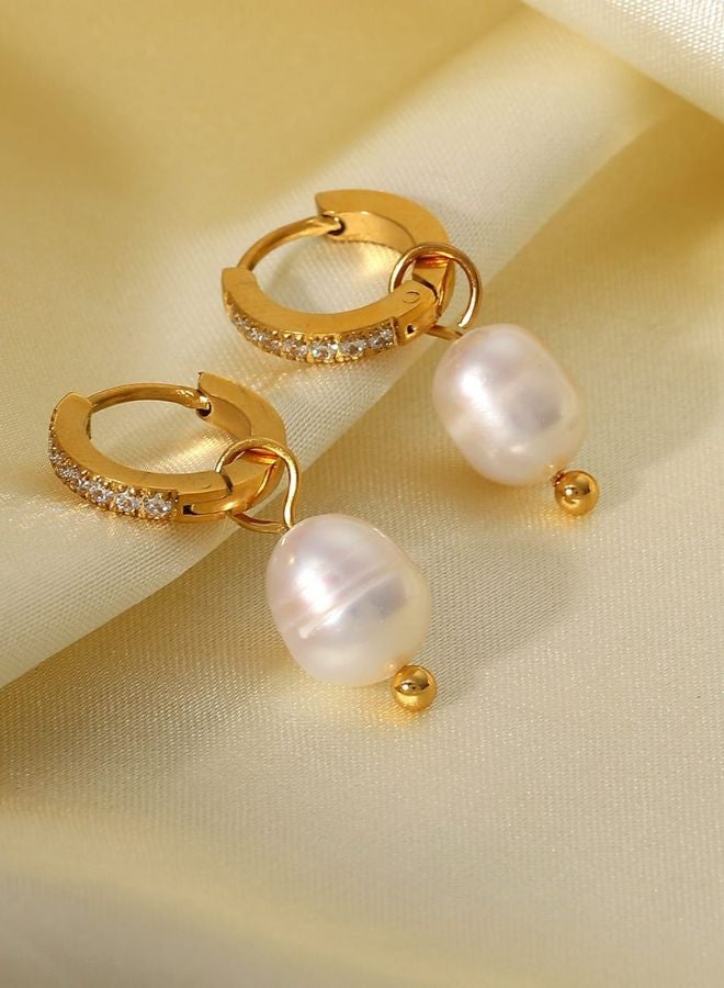 Andaazs Andaazs Women’s Aura Pearl Vintage Huggie Drop Earrings – 18K Gold-Plated Stainless Steel with Imitation Pearl & Cubic Zirconia – Elegant Everyday Jewelry  - Image 1