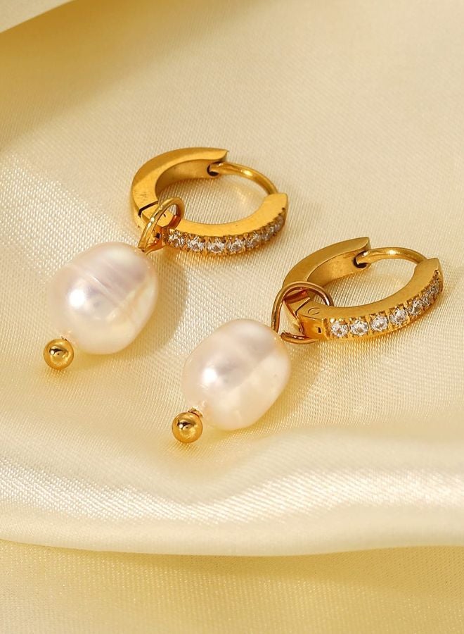 Andaazs Andaazs Women’s Aura Pearl Vintage Huggie Drop Earrings – 18K Gold-Plated Stainless Steel with Imitation Pearl & Cubic Zirconia – Elegant Everyday Jewelry  - Image 3
