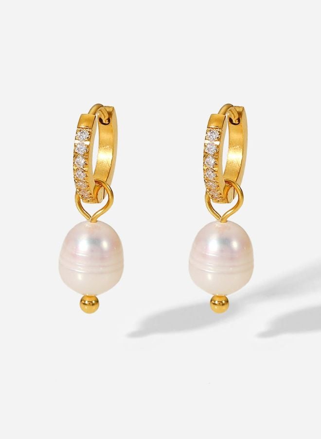 Andaazs Andaazs Women’s Aura Pearl Vintage Huggie Drop Earrings – 18K Gold-Plated Stainless Steel with Imitation Pearl & Cubic Zirconia – Elegant Everyday Jewelry  - Image 2