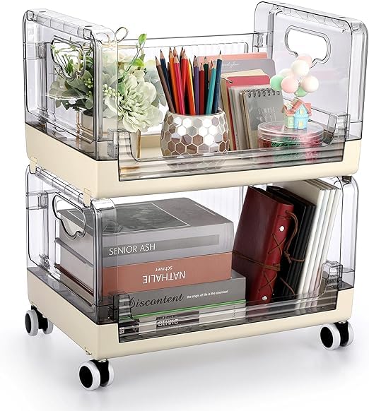 Kresal DoubleDeck Collapsible Storage Shelves with Wheels Plastic Folding Stackable Storage Rolling Cart 2 Tiers Utility Cart Foldable Standing Rack Shelving Unit Organizer for Kitchen Bathroom
