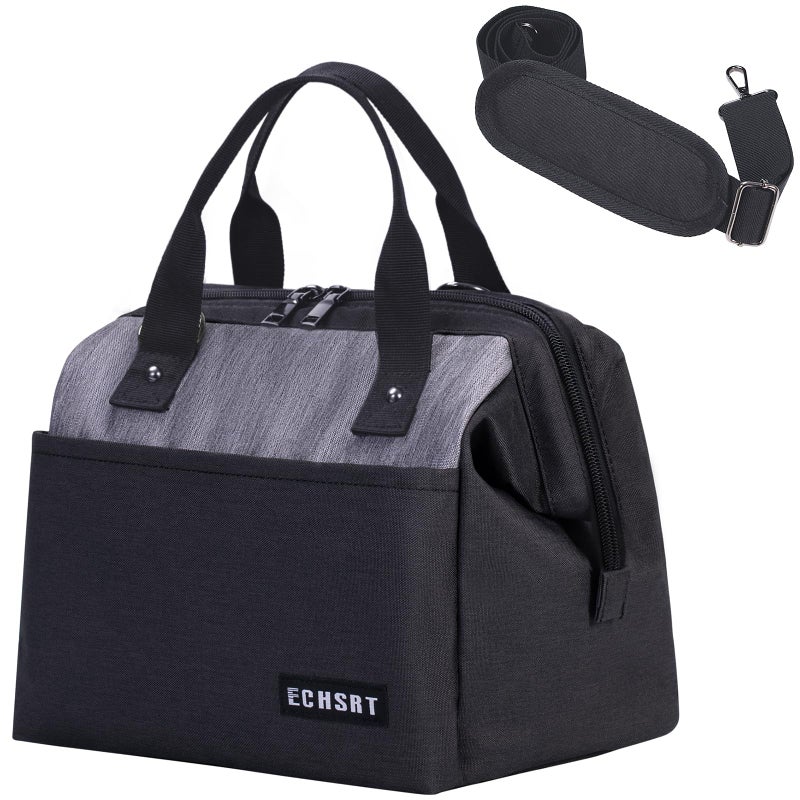 ECHSRT Insulated Lunch Bag WomenMen 10L Reusable Lunch Tote Bag with Adjustable Shoulder Strap Leakproof Cooler for Work Office  Wide Open Lunchbox Black