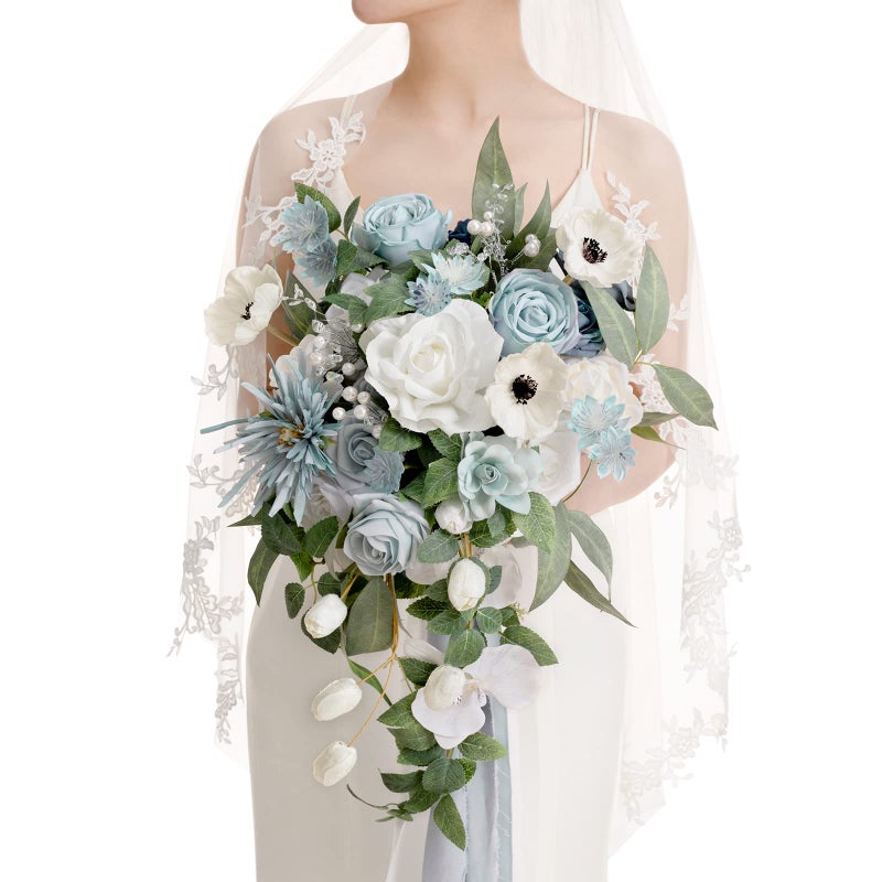 Ling's moment Lings Moment Dusty Blue Bridal Bouquet Cascading Wedding Bouquets for Bride 15 Inch Bride Bouquets for Wedding Artificial Flowers Bouquets 