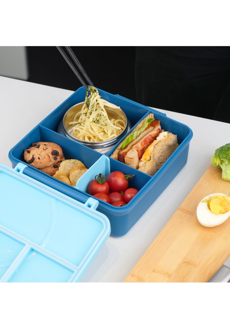 Eazy Kids - Eazy Kids 3/4 Convertible 1600ml Jumbo Bento Lunch Box with 290ml Leakproof SS Gravy Bowl, Spoon & Fork Set with Pouch - Blue - Image 1