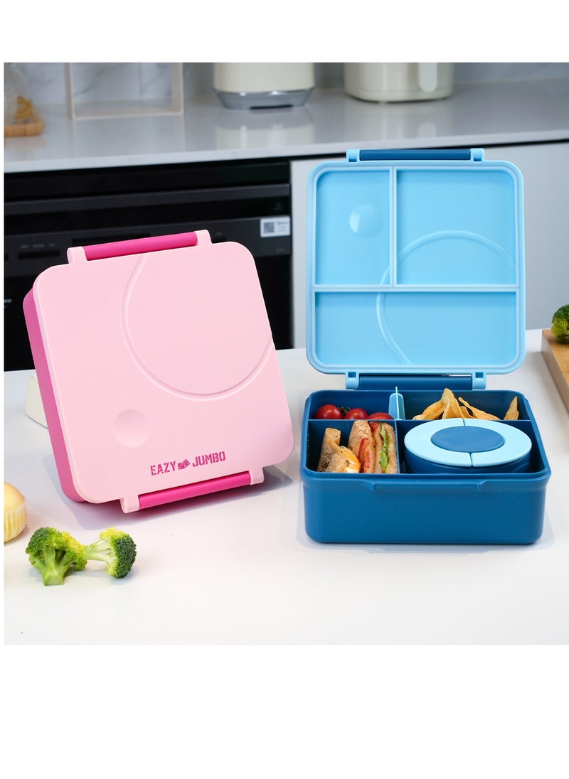 Eazy Kids - Eazy Kids 3/4 Convertible 1600ml Jumbo Bento Lunch Box with 290ml Leakproof SS Gravy Bowl, Spoon & Fork Set with Pouch - Blue - Image 1