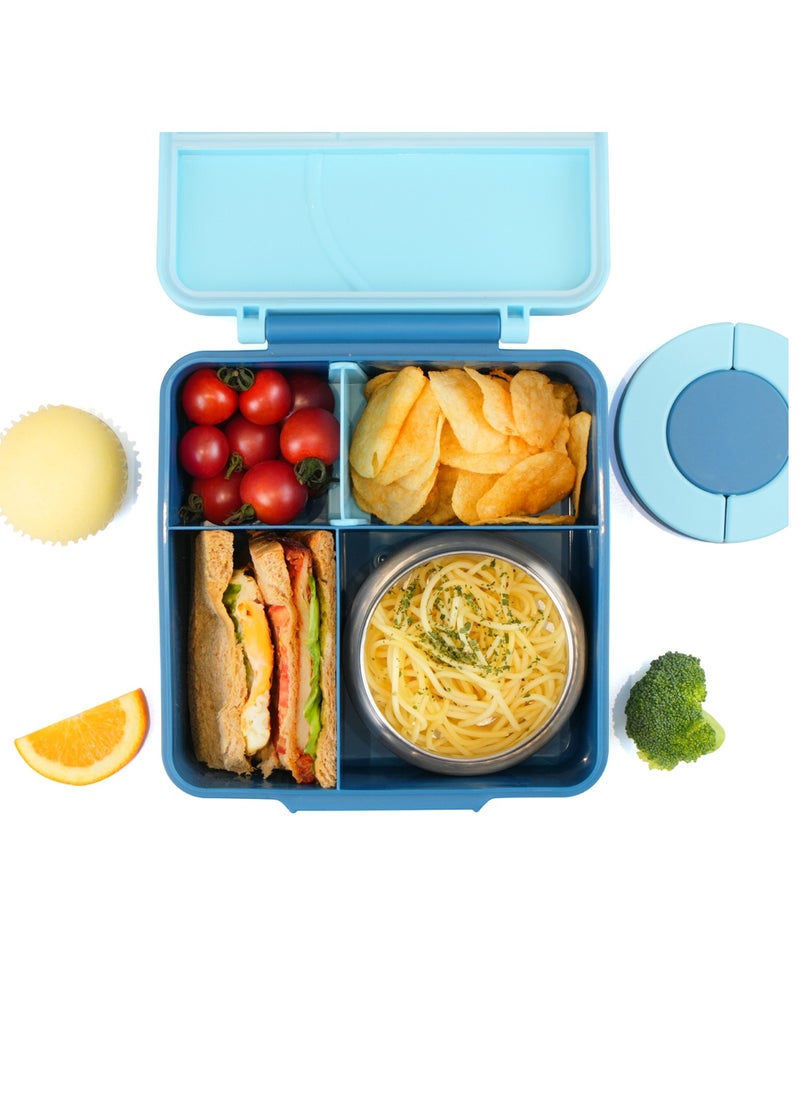 Eazy Kids - Eazy Kids 3/4 Convertible 1600ml Jumbo Bento Lunch Box with 290ml Leakproof SS Gravy Bowl, Spoon & Fork Set with Pouch - Blue - Image 1
