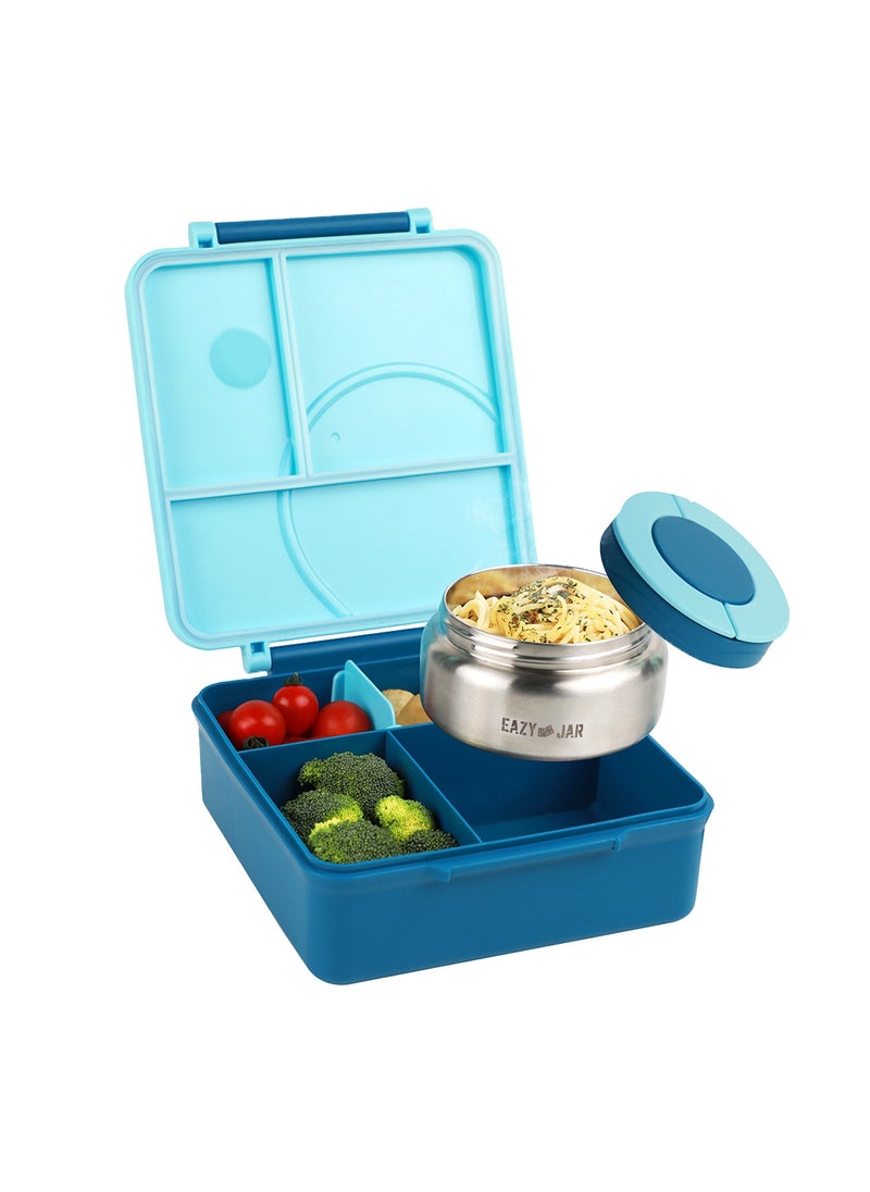 Eazy Kids - Eazy Kids 3/4 Convertible 1600ml Jumbo Bento Lunch Box with 290ml Leakproof SS Gravy Bowl, Spoon & Fork Set with Pouch - Blue - Image 1