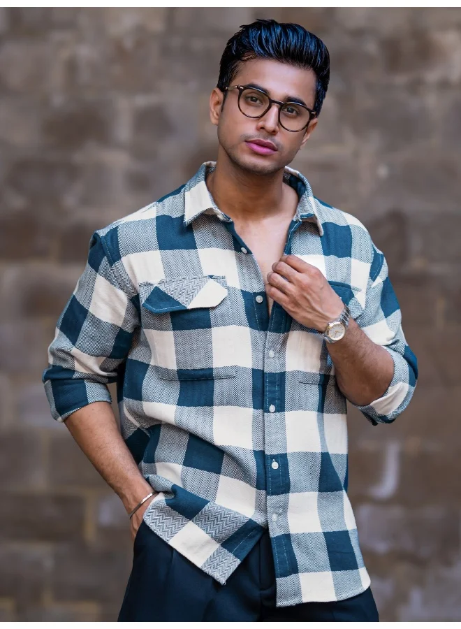 Maniac Maniac Mens Herringbone Checks Full Sleeve Petrol Blue Cotton Shirt