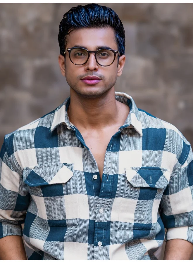 Maniac Maniac Mens Herringbone Checks Full Sleeve Petrol Blue Cotton Shirt