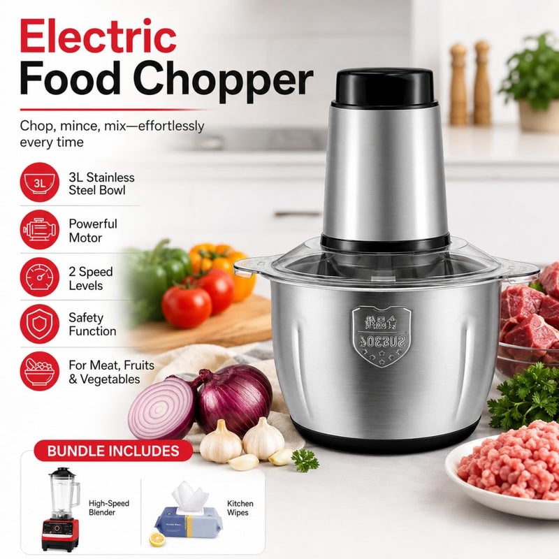 2-in-1 Electric Food Blender and Chopper Bundle, 4500W, 2L Jug, 6 Stainless Steel Blades, 15 Speed Functions, with Kitchen Wipes - Image 4