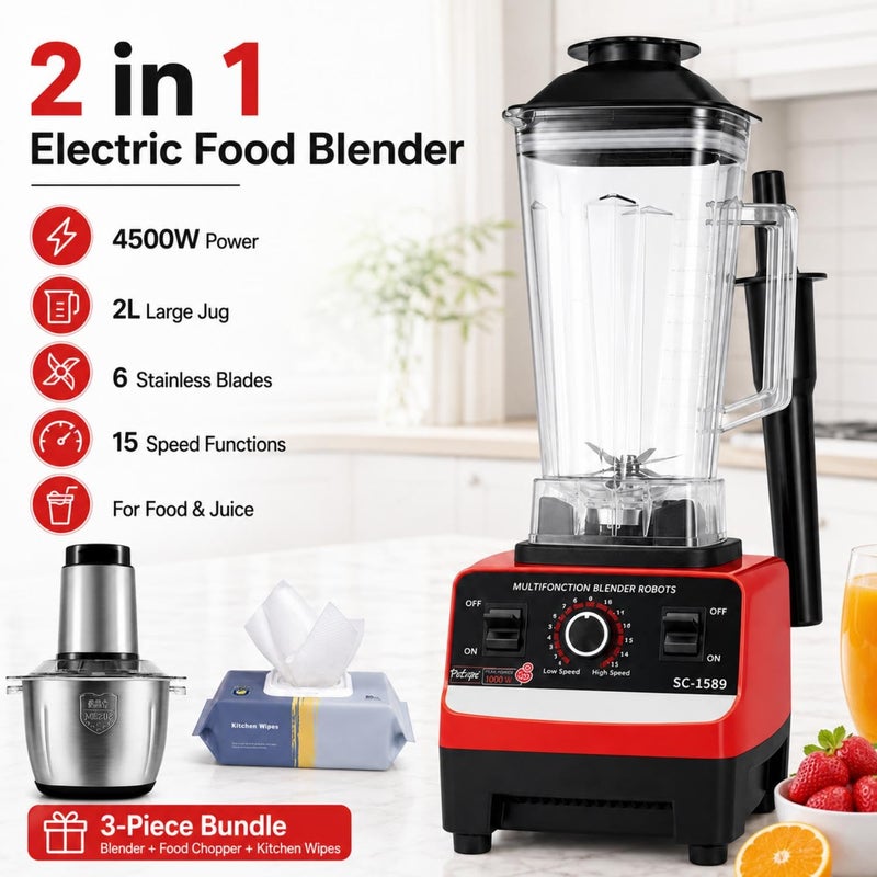 2-in-1 Electric Food Blender and Chopper Bundle, 4500W, 2L Jug, 6 Stainless Steel Blades, 15 Speed Functions, with Kitchen Wipes - Image 2