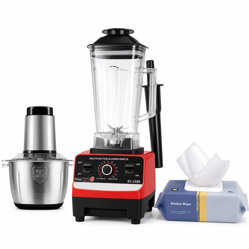 2-in-1 Electric Food Blender and Chopper Bundle, 4500W, 2L Jug, 6 Stainless Steel Blades, 15 Speed Functions, with Kitchen Wipes - Image 1