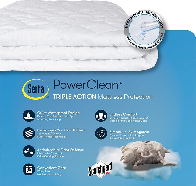 SERTA Power Clean Triple Action Quilted Soft Waterproof Mattress Pad Protector, Moisture Wicking Protection with 15" Deep Pocket, Full, White - Image 5