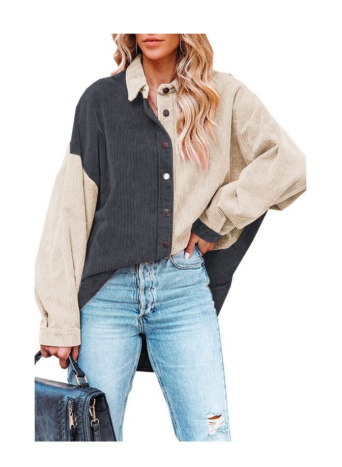 Loquat Autumn And Winter New Patchwork Color Corduroy Loose Casual Shirt 