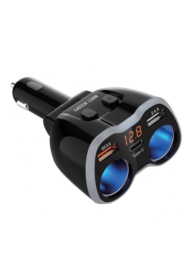 GREEN LION 120 Watts Multi-Port Car Charger Adapter with (Dual USB-A Ports), (1 USB-C Port) and (Dual Cigarette Lighter Sockets), Green Lion - Black  - Image 1