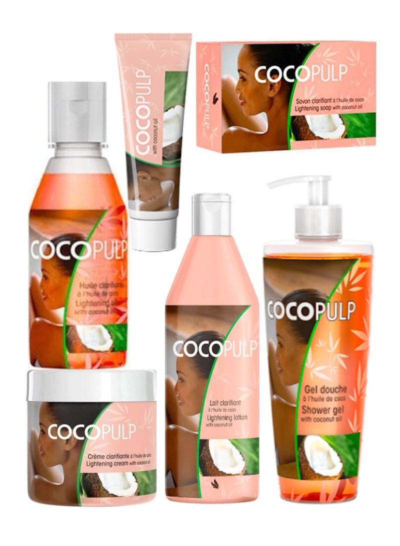 COCOPULP Coco Pulp 6 Piece Set Skin Lightening Cream 300ml, Lotion 500ml, Soap, Shower Gel 500ml Oil 50ml and Tube Cream With Coconut Oil - Image 1