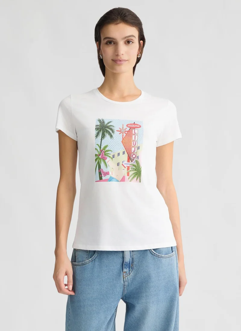 ليو جو تيشيرت قطن بطبعة وأحجار الراين