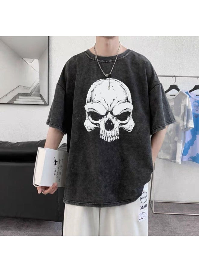 Heavyweight Pure Cotton American Vintage Distressed Print T-shirt, Can Be Worn Up To 300 Pounds, Loose Fit Vintage Wash Distressed T-shirt