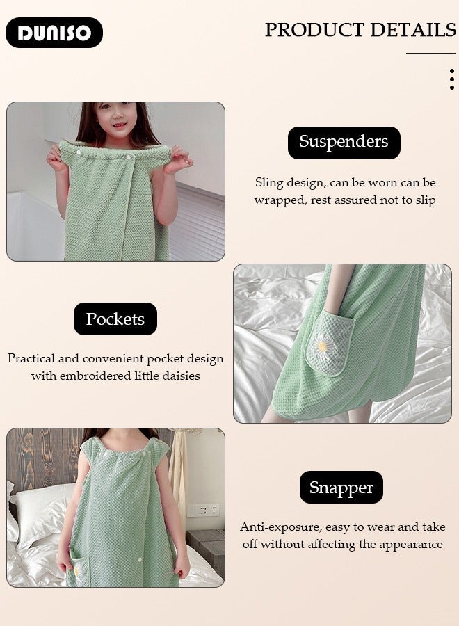DUNISO Bath Robe for Kids, Off Shoulder Wearable Girl Bath Towel, Light Green Coral Velvet Bathrobe Towel with Side Pocket and Snap Buttons, Quick Dry Lightweight Highly Water Absorbent Beach Towel - Image 2