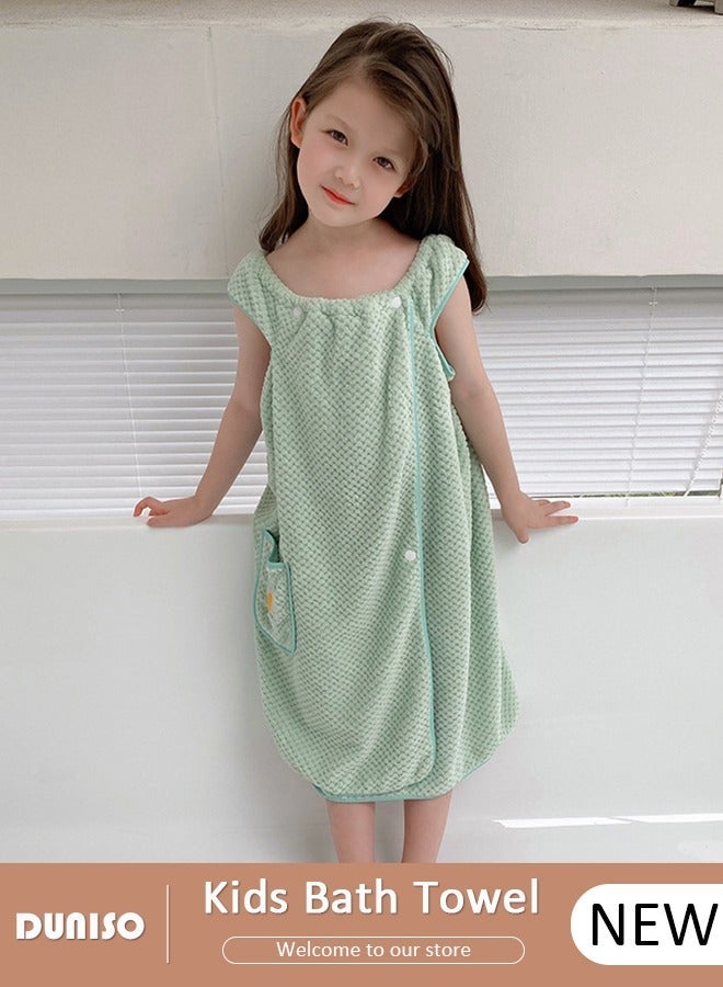 DUNISO Bath Robe for Kids, Off Shoulder Wearable Girl Bath Towel, Light Green Coral Velvet Bathrobe Towel with Side Pocket and Snap Buttons, Quick Dry Lightweight Highly Water Absorbent Beach Towel - Image 1
