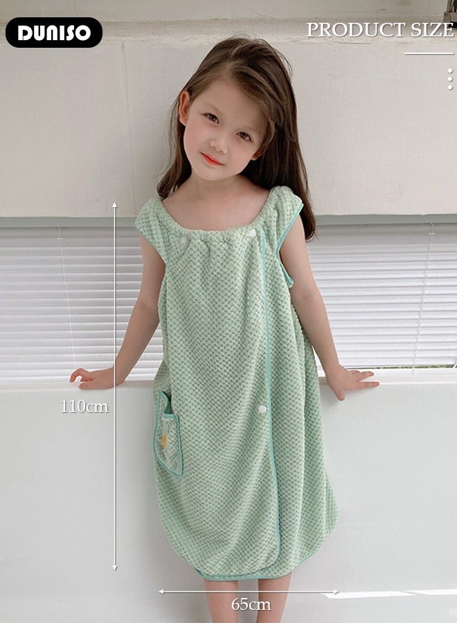 DUNISO Bath Robe for Kids, Off Shoulder Wearable Girl Bath Towel, Light Green Coral Velvet Bathrobe Towel with Side Pocket and Snap Buttons, Quick Dry Lightweight Highly Water Absorbent Beach Towel - Image 4