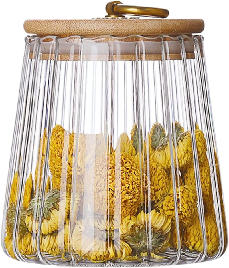 Luckam Glass Jars, 650ml Coffee Nuts Canister Airtight Storage Jar Petal Decorative Container with Bamboo Lid Metal Handle Easy to Grasp - Image 1
