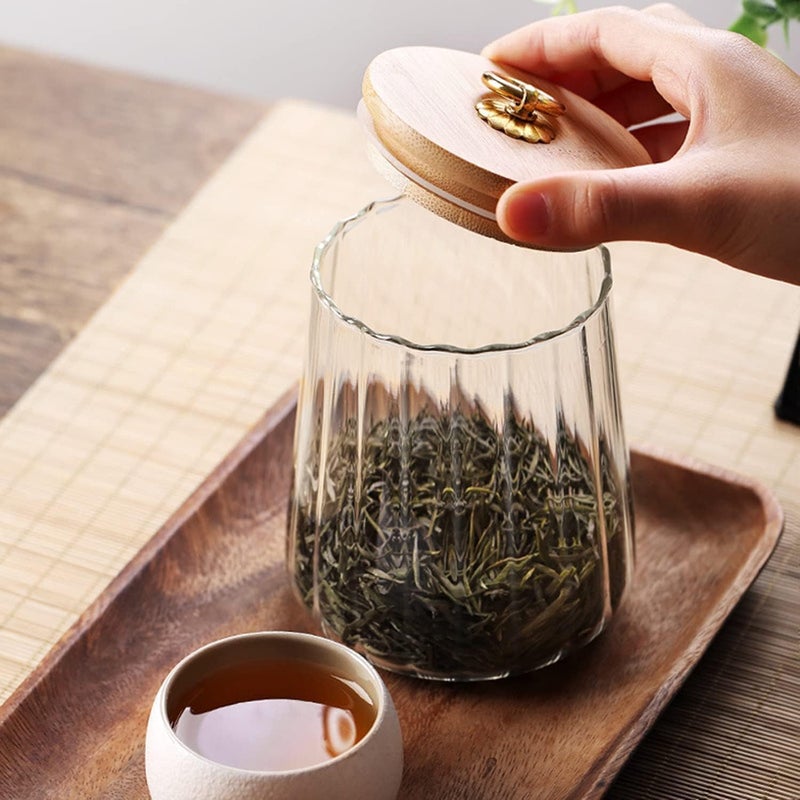 Luckam Glass Jars, 650ml Coffee Nuts Canister Airtight Storage Jar Petal Decorative Container with Bamboo Lid Metal Handle Easy to Grasp - Image 2