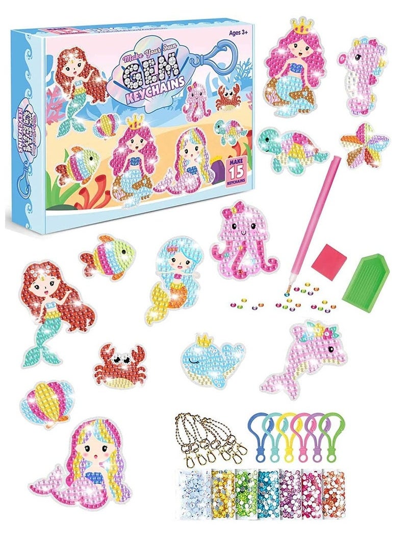 Captaintech and Crafts for Girls, 15pcs Suncatchers Gem Keychain, Mosaic Diamond Painting Kit for Kids ages 4-6-8-10-12, Paint by Number Accessories, Toys and Gifts for Children (Ocean Mermaid Set)  - Image 1