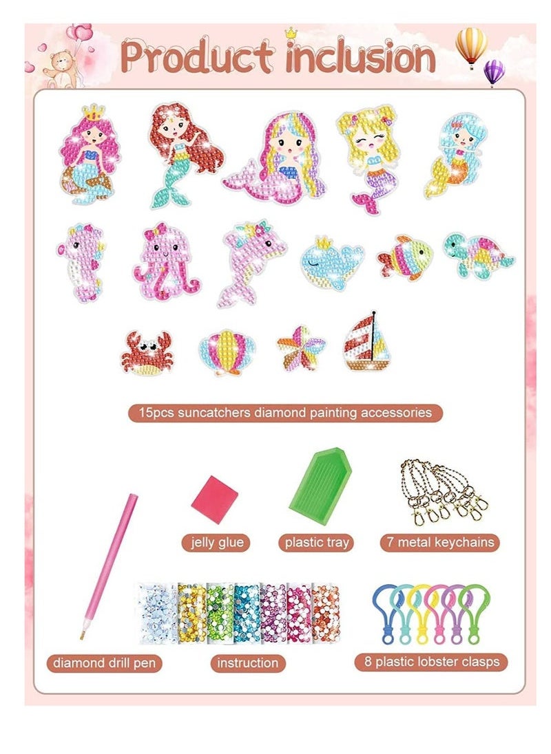 Captaintech and Crafts for Girls, 15pcs Suncatchers Gem Keychain, Mosaic Diamond Painting Kit for Kids ages 4-6-8-10-12, Paint by Number Accessories, Toys and Gifts for Children (Ocean Mermaid Set)  - Image 2