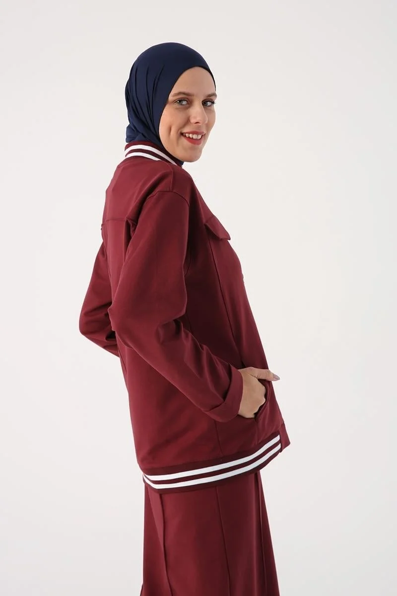 Allday Burgundy-Striped Ribbon Skirt Short Cardigan Set