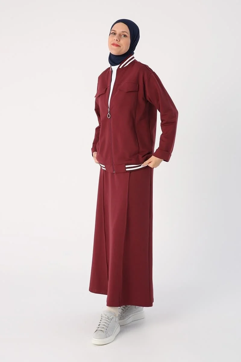 Allday Burgundy-Striped Ribbon Skirt Short Cardigan Set